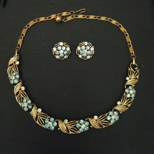 Elegant Gold and Blue Floral Necklace and Earring Set By Lisner 1950